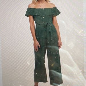 June Bloom Dark Green Off the Shoulder Culotte Jumpsuit